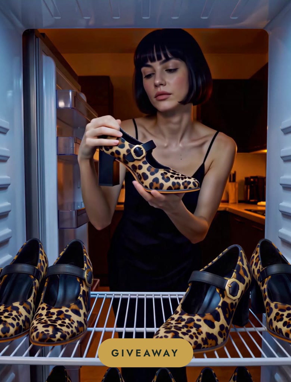 A woman holds a leopard print heel in front of an open fridge full of leopard print shoes. Giveaway.